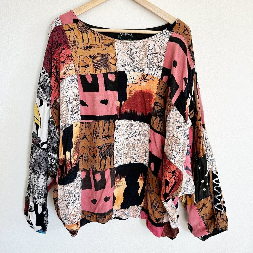 Ashro Top Ethnic Patchwork 3/4 Bat Sleeve Shirt Dbl Cloth Rayon Cotton